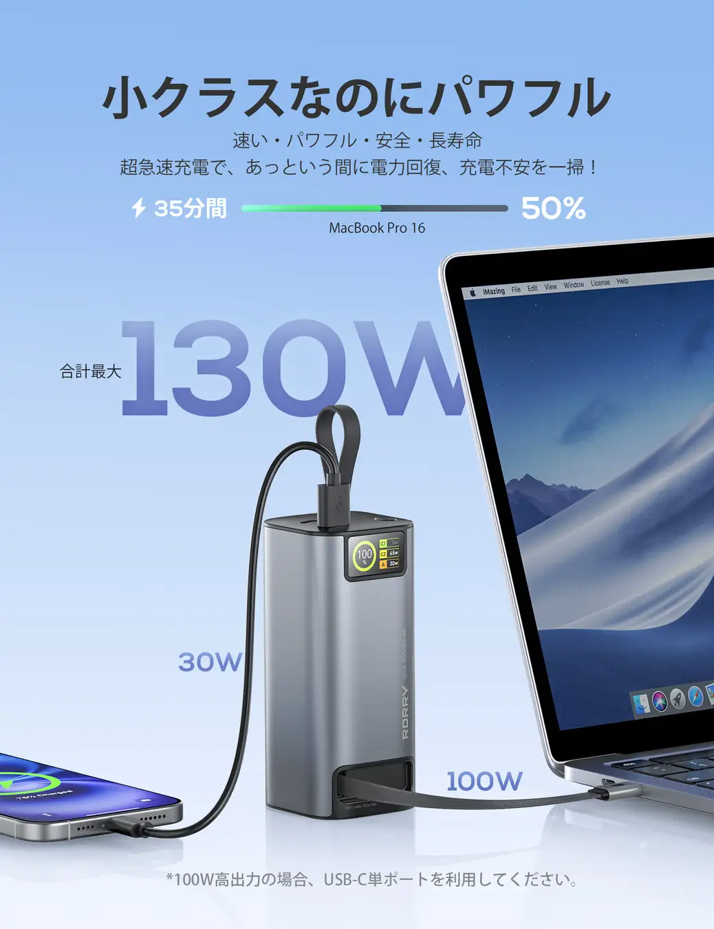最大130W出力対応のモバイルバッテリー「RORRY H4」発売、巻取り式ケーブル内蔵で3台同時充電に対応